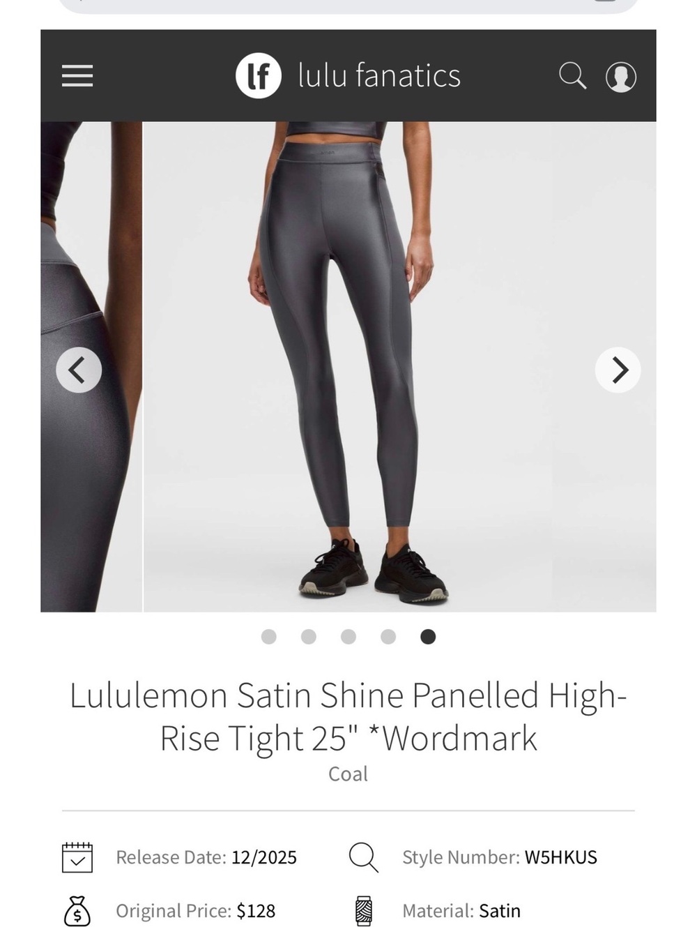 Lululemon Satin Shine Panelled High-Rise Tight 25" Wordmark Sz 8 Coal Grey 8077